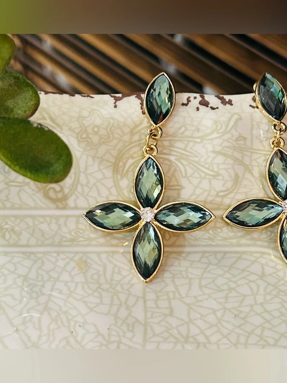 Gold Tone Drop Earrings with Teal Marquise Crystals - Elegant Floral Design